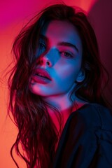 Portrait of a young woman with a captivating gaze, featuring dramatic red and blue lighting that creates a moody and mysterious atmosphere