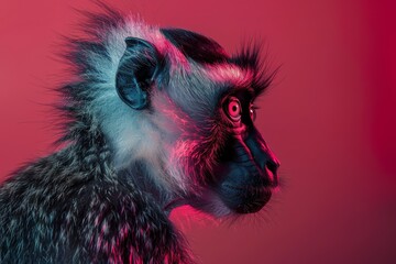 Vibrant portrait of a monkey with a striking red color scheme, highlighting its detailed fur texture and curious gaze - obrazy, fototapety, plakaty