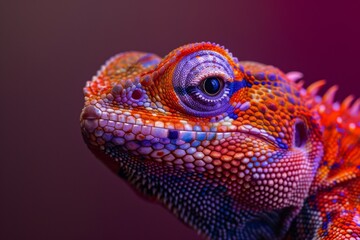 Obraz premium Close-up of a vibrant, colorful iguana against a dark background, showcasing detailed scales and a focused eye