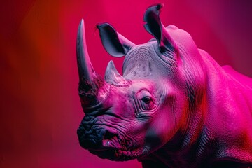 Close-up of a rhinoceros with a vibrant pink and red lighting, highlighting its textured skin and horn