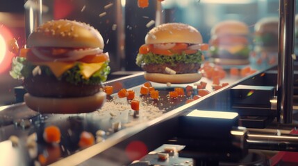 A conveyor belt with four hamburgers on it. The hamburgers are being made in a factory