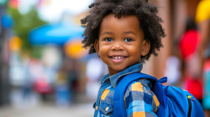 Happy young boy with a backpack ready for school. - obrazy, fototapety, plakaty