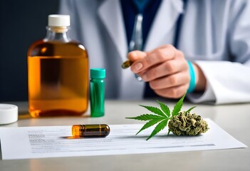 Scientist or doctor in blue rubber gloves and lab coat holding CBD hemp extract in a baker and cannabis leaf. Alternative medicine or healthcare pharmacy concept. Medical marijuana plant

