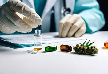 Scientist or doctor in blue rubber gloves and lab coat holding CBD hemp extract in a baker and cannabis leaf. Alternative medicine or healthcare pharmacy concept. Medical marijuana plant

