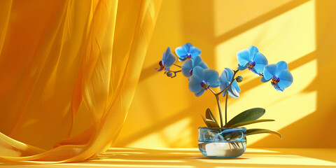 Interior decoration, blue orchid flowers in a glass vase, yellow drapes background