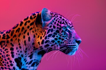 Vibrant portrait of a leopard with a pink and purple neon background, highlighting its detailed fur and intense gaze.