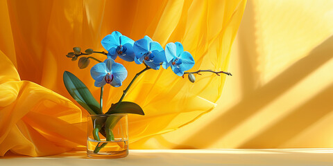 Interior decoration, blue orchid in a glass vase, yellow drapes background