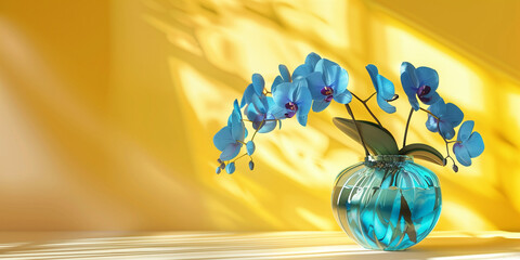 Blue orchid in a glass vase, yellow background