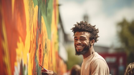 Happy male artist painting a colorful mural on a wall with a paintbrush in hand. Celebrating Juneteenth Freedom and African liberation day. Black life matters. Black history month.