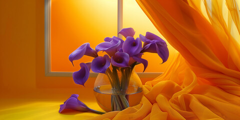 Interior decoration, cala lily purple in a glass vase, yellow drapes background