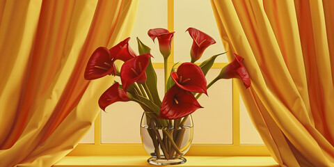 Cala lily flowers bouquet , sunny room, yellow background