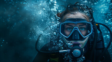 Diver, scuba diving close up,  wearing snorkel and mask having fun on beach summer holidays, professional scuba diver driving, Generative Ai - obrazy, fototapety, plakaty