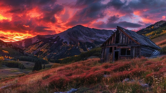 Fiery sunset skies crown an old wooden cabin, a forgotten relic framed by autumn's embrace.