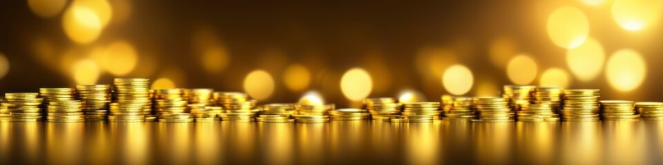 Abstract banner on finance theme, stacks of coins on blurred bokeh background, background for design, space for text	