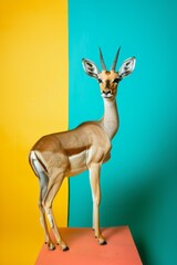 Vibrant studio portrait of a deer standing against a split background of blue and yellow, showcasing its long neck and large ears with a curious gaze