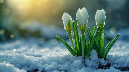 First Blooms in Frost. Has Copy Space. - obrazy, fototapety, plakaty