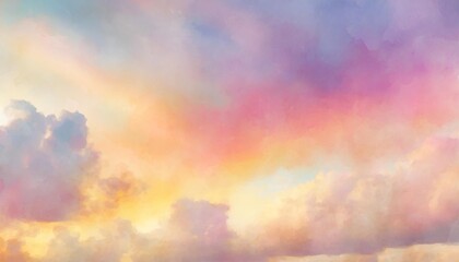 Obraz na płótnie Canvas colorful watercolor background of abstract sunset sky with puffy clouds in bright rainbow colors of pink blue yellow orange red and purple