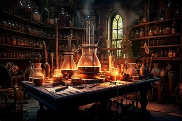 Medieval alchemist's laboratory with bubbling potions and mysterious books
