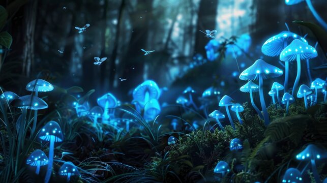 A forest of glowing blue mushrooms. The blue glow of the mushrooms is illuminated by the moonlight