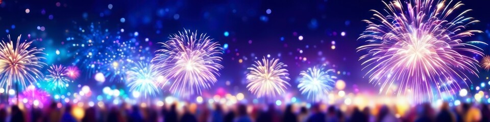 Obraz premium Abstract colorful illustration of spectators watching fireworks, blurry bokeh background for social media banner, website and for your design, space for text. 