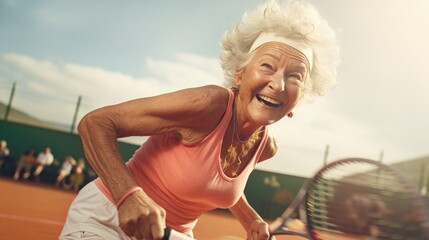 Active senior woman enjoying playing tennis outdoors on a sunny day