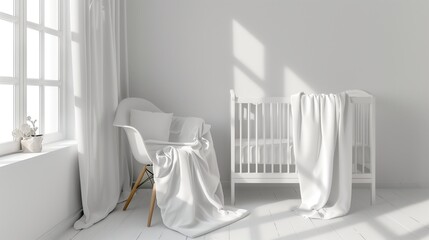 baby room with a crib and a vase of flowers on the windowsill
