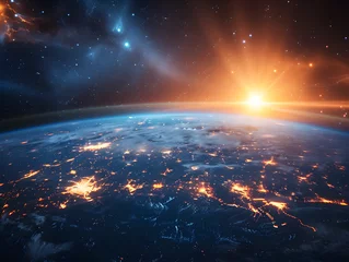 Foto op Canvas A stunning view of planet earth from space, showing city lights illuminating the atmosphere at night, depicting the beauty of our global civilization and the advancements in space exploration. © ELmahdi-AI