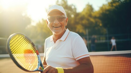 Smiling senior man playing tennis on a sunny day with friends in the background - obrazy, fototapety, plakaty