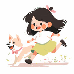 Hand drawn dog play with girl cartoon
