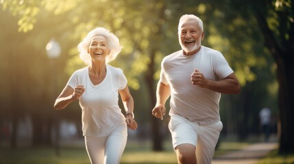 Happy Senior Couple Enjoying a Morning Run Together in the Beautiful Green Park