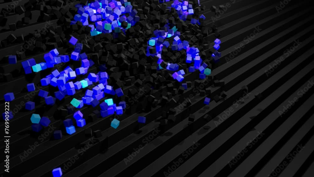 Poster cubes fall down on steps bounce off stair and roll down light up and form pattern. cubes like abstra