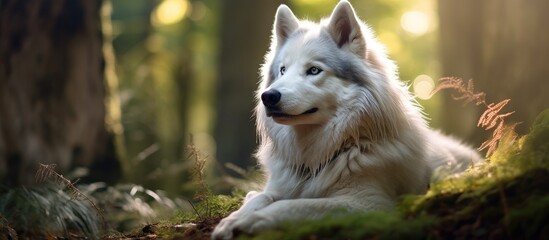 Obraz premium A Canis lupus, also known as a white wolf, is peacefully resting in the grass in its natural habitat of the woods, blending into the natural landscape as a carnivorous terrestrial animal