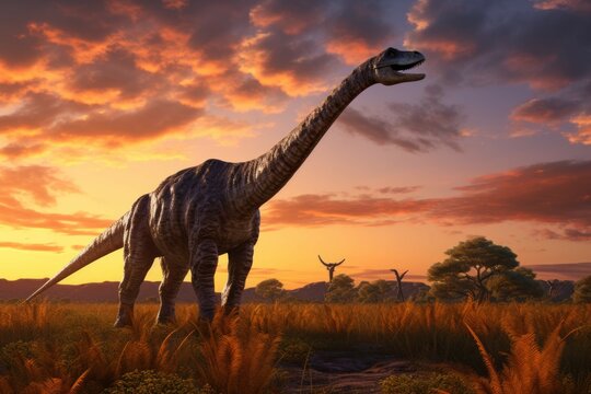 Diplodocus grazing on prehistoric grasslands at sunset