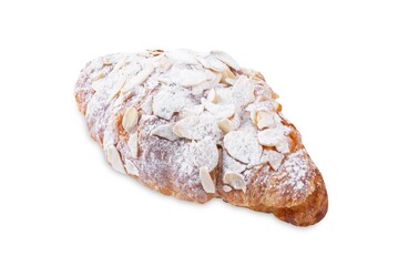 Almond croissants with sugar sprinkles on a white isolated background