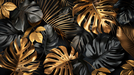 Gold and black tropical leaves background
