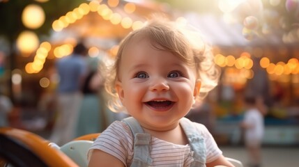 Baby toddler smiling and looking at camera with blurred amusement on background. Newborn baby portrait.