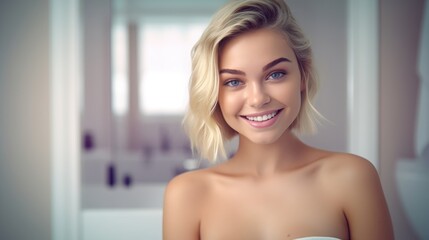Portrait of beautiful blonde young woman with shaggy hairstyle smiling cheerfully, showing her white teeth to camera while feeling happy blurred bathroom background