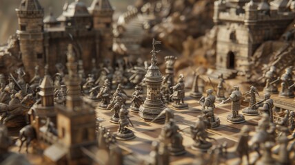An immersive representation of a medieval battlefield transposed onto a chessboard
