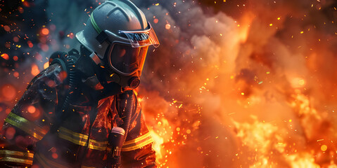 A brave firefighter surrounded by high flames and smoke, intense fire situation - obrazy, fototapety, plakaty
