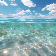 Blue sea and sky with clouds reflected in water. 3d render