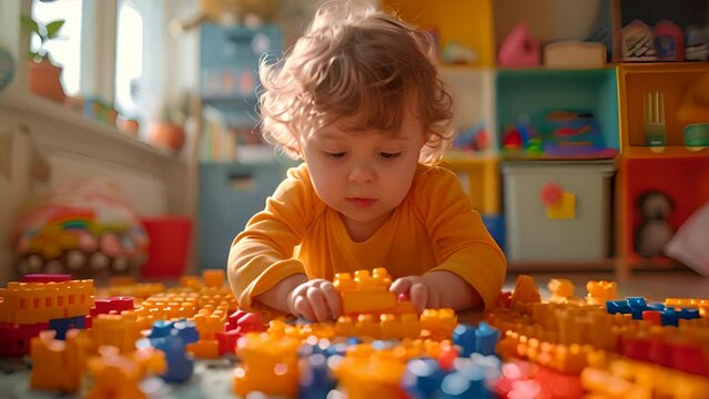 A toddler happily tidying up toys in a colorful playroom, the child picking up blocks and placing them in a toy chest,generative ai