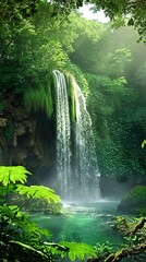 Fototapeta premium Majestic waterfall in a rainforest, vibrant greens, misty air, eye level, ultra HD