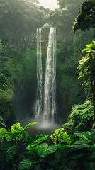 Foto op Canvas Majestic waterfall in a rainforest, vibrant greens, misty air, eye level, ultra HD © Thanthara