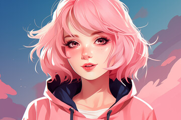 Cute anime girl portrait. Comic cartoon female character face in manga style isolated on creative background. Flat modern illustration