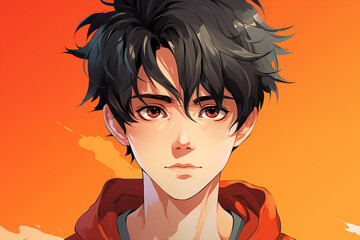 Cartoon anime men portrait. Cute comic male character, anime boy face with big eyes in manga style. Flat modern illustration
