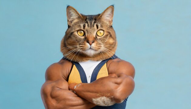 portrait of strong cat body builder super muscles bodybuilder cat with arms crossed image of a pet cats head on a human bodybuilders body on blue background with copy space
