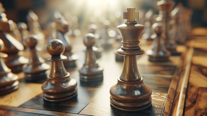 Dive into the world of chess with a captivating image of wooden chess pieces on a board - obrazy, fototapety, plakaty