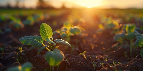 Young soybean sprouts basking in the sunrise on an open field, captured up close. Concept Nature, Morning Light, Agriculture, Close-up Photography - obrazy, fototapety, plakaty