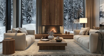 Obraz premium A cozy living room with comfortable sofas, a wooden coffee table in front of the fireplace and snow outside the window