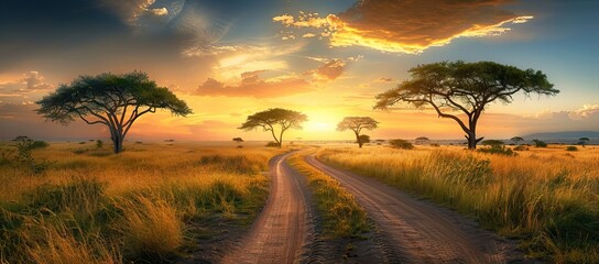 Sunset in savannah of Africa with acacia trees, Safari in Serengeti of Tanzania. AI generated illustration - obrazy, fototapety, plakaty